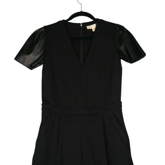 Michael Kors Jumpsuit Womens XS Black Wide Leg Leather Look Sleeves Pockets - Picture 3 of 14